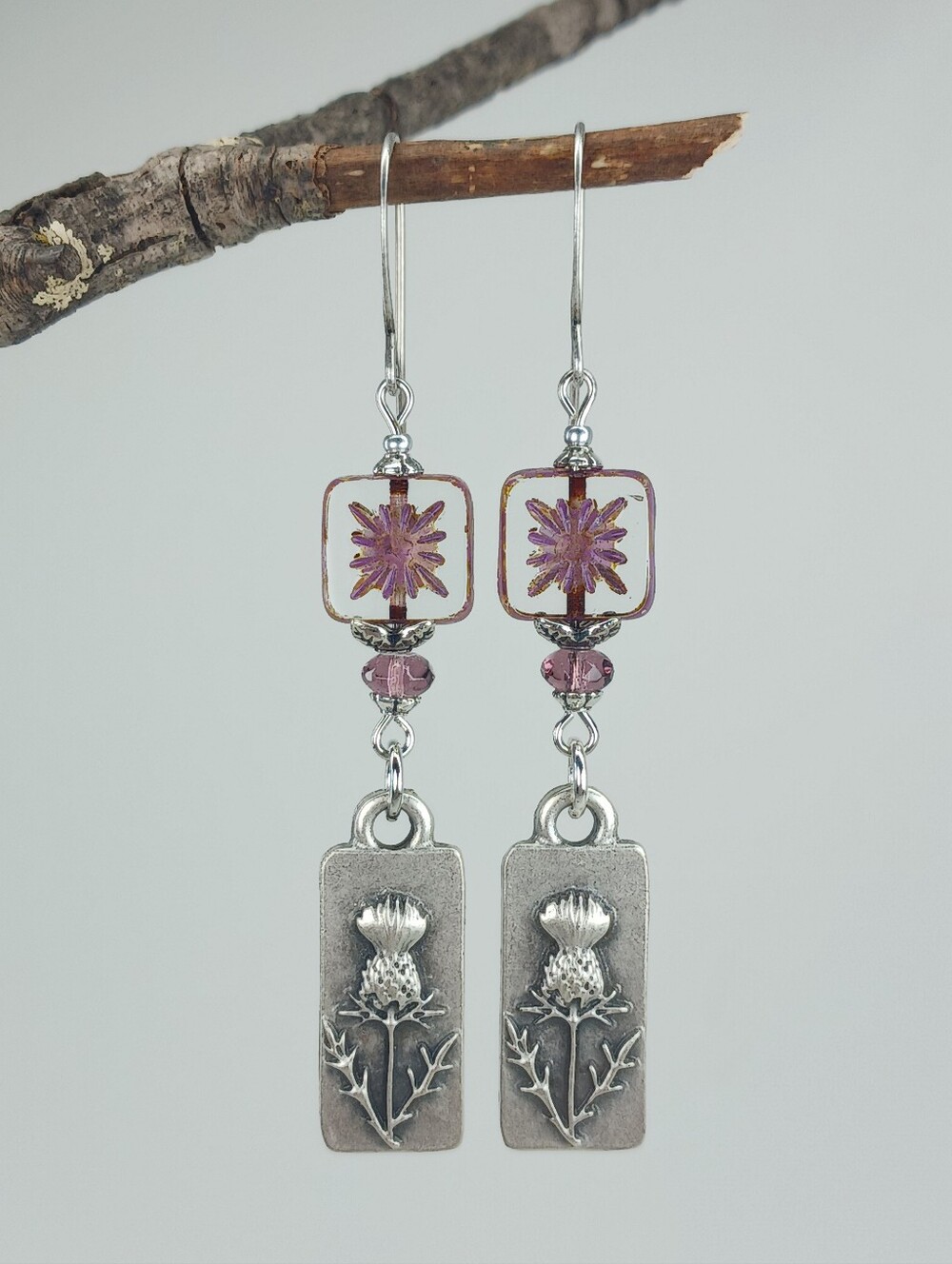 Scottish Thistle Earrings Purple Czech Glass Highland Jewelry Hand Crafted - Picture 4 of 6